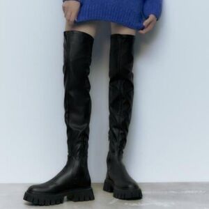Zara Black Over-the-Knee Lug Sole Boots